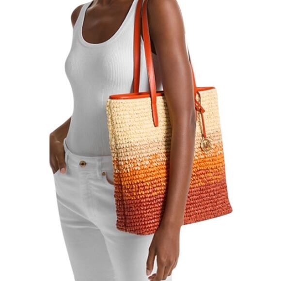Michael Kors Women The Michael Bag Large Ombré Straw Shoulder Tote Bag Red Clay - Picture 2 of 11